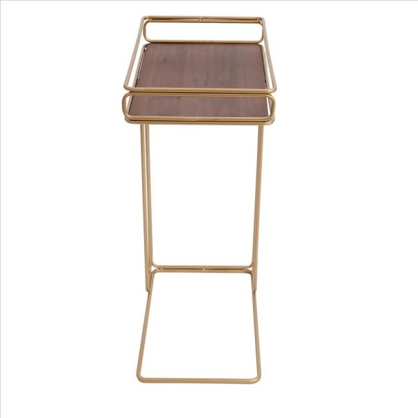 C Shaped Side Table with Metal Frame, Brown and Gold - Brown and Gold - 9.85 L x 16.15 W x 24.82 H Inches Discount - Image 3